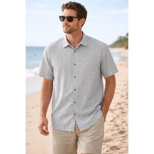 Tommy Bahama Mens 3XL Grey Silk Cotton Short Sleeve Button Down Shirt Old Money